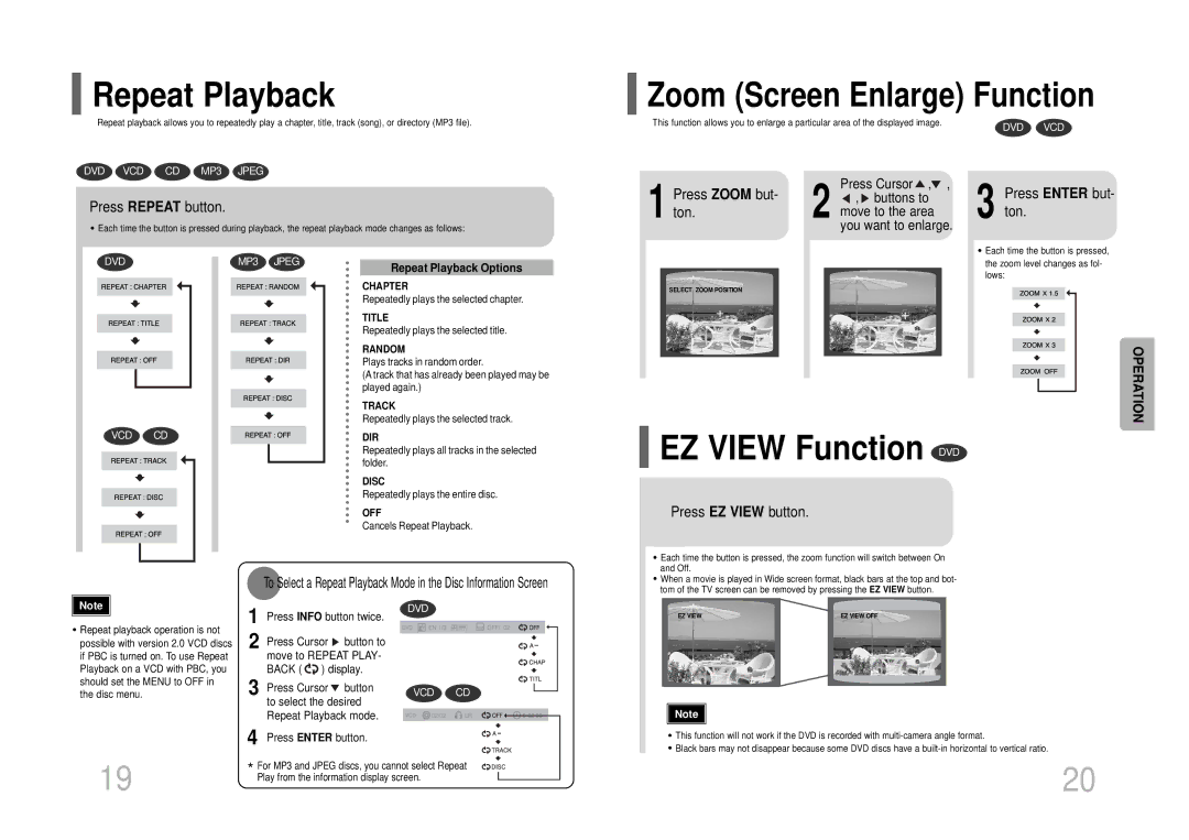 Samsung DVD-K105/XFU, DVD-K115/XFU manual Repeat Playback, EZ View Function DVD, Zoom Screen Enlarge Function 