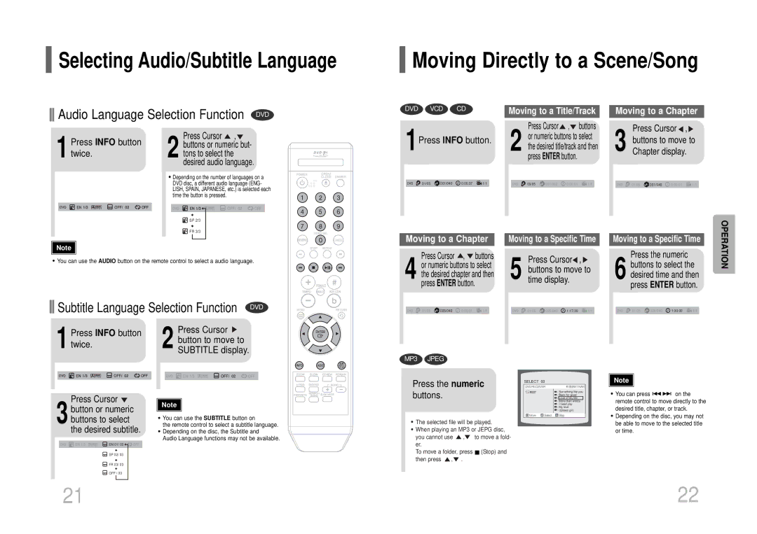 Samsung DVD-K115/XFU, DVD-K105/XFU manual Moving Directly to a Scene/Song, Press Info button twice, 1Press Info button 