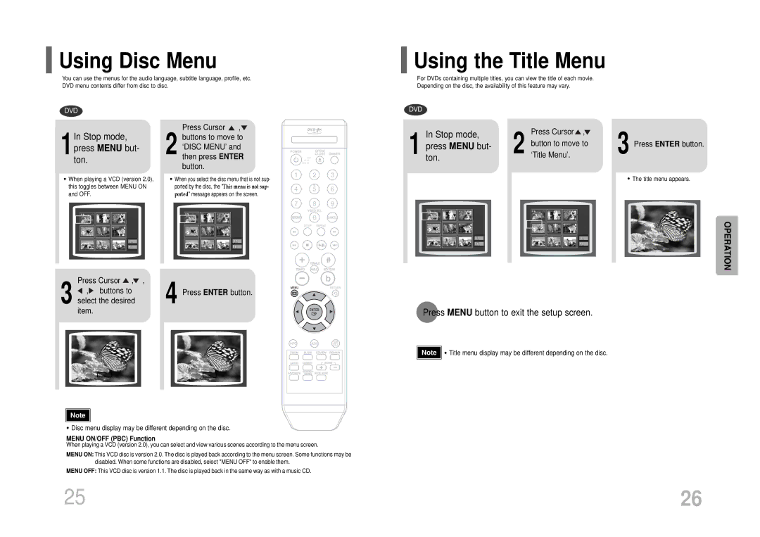 Samsung DVD-K115/XFU, DVD-K105/XFU manual Using Disc Menu, Using the Title Menu, 1In Stop mode, press Menu but- ton 