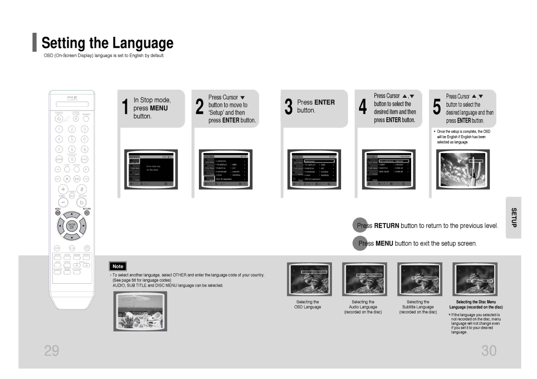 Samsung DVD-K115/XFU, DVD-K105/XFU manual Setting the Language, Stop mode Press Menu button 