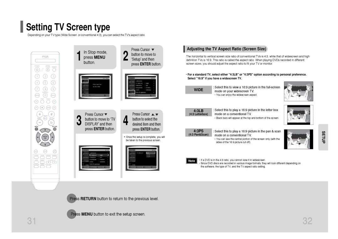 Samsung DVD-K105/XFU, DVD-K115/XFU manual Adjusting the TV Aspect Ratio Screen Size, ‘Setup’ and then 