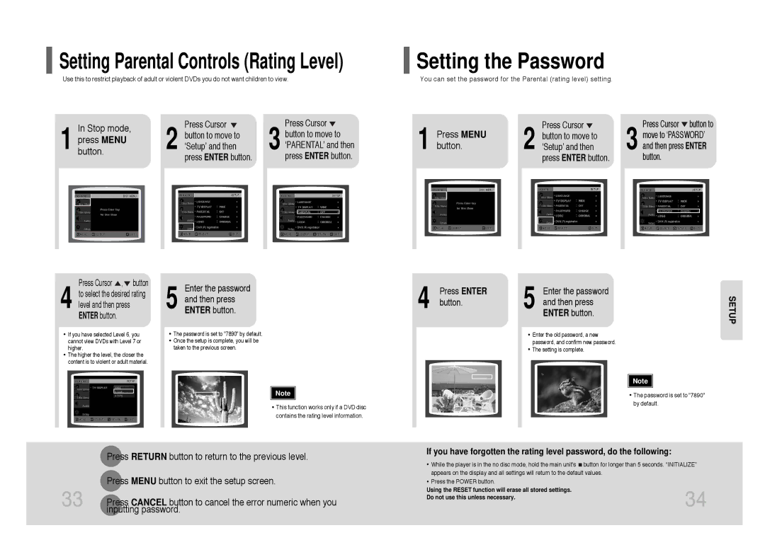 Samsung DVD-K115/XFU, DVD-K105/XFU manual Setting the Password, Press Cursor Button to move to ‘Setup’ and then 