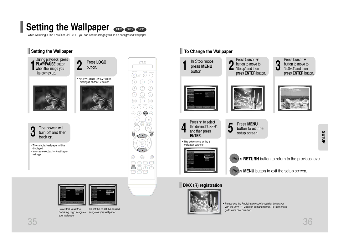 Samsung DVD-K105/XFU Setting the Wallpaper Jpeg DVD VCD, Power will turn off and then back on, Press Menu Button to exit 