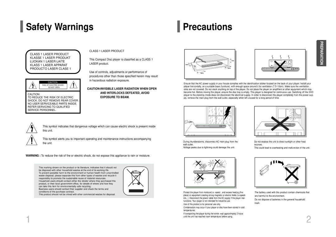 Samsung DVD-K115/XFU, DVD-K105/XFU manual Safety Warnings Precautions, Class 1 Laser Product 