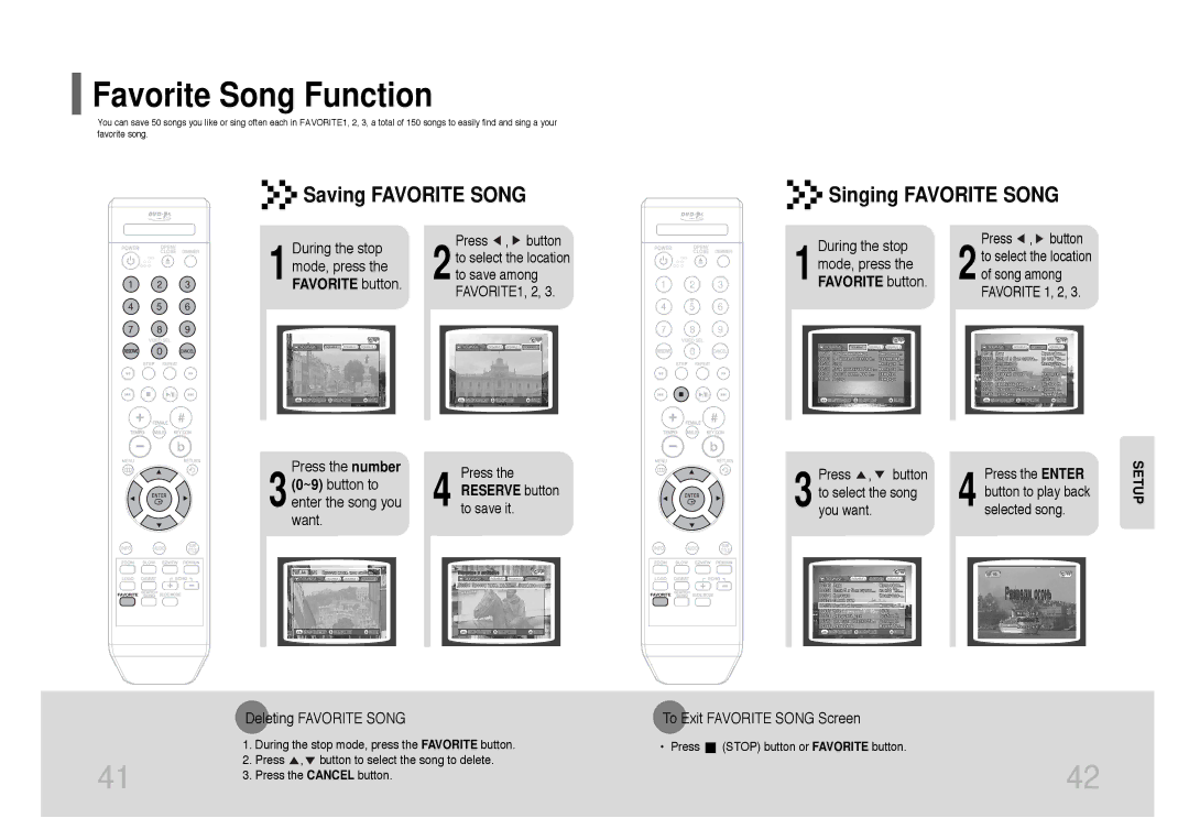 Samsung DVD-K115/XFU, DVD-K105/XFU Favorite Song Function, Saving Favorite Song, Singing Favorite Song, Favorite button 