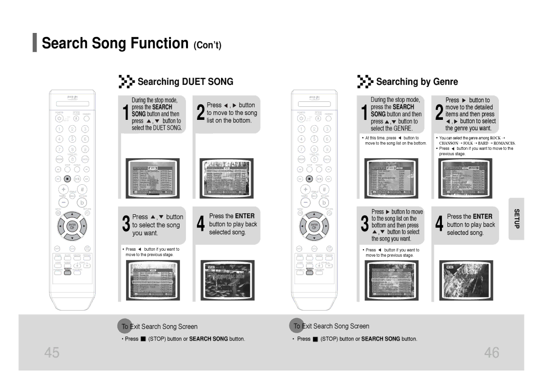 Samsung DVD-K115/XFU, DVD-K105/XFU manual Search Song Function Con’t, Searching Duet Song Searching by Genre 