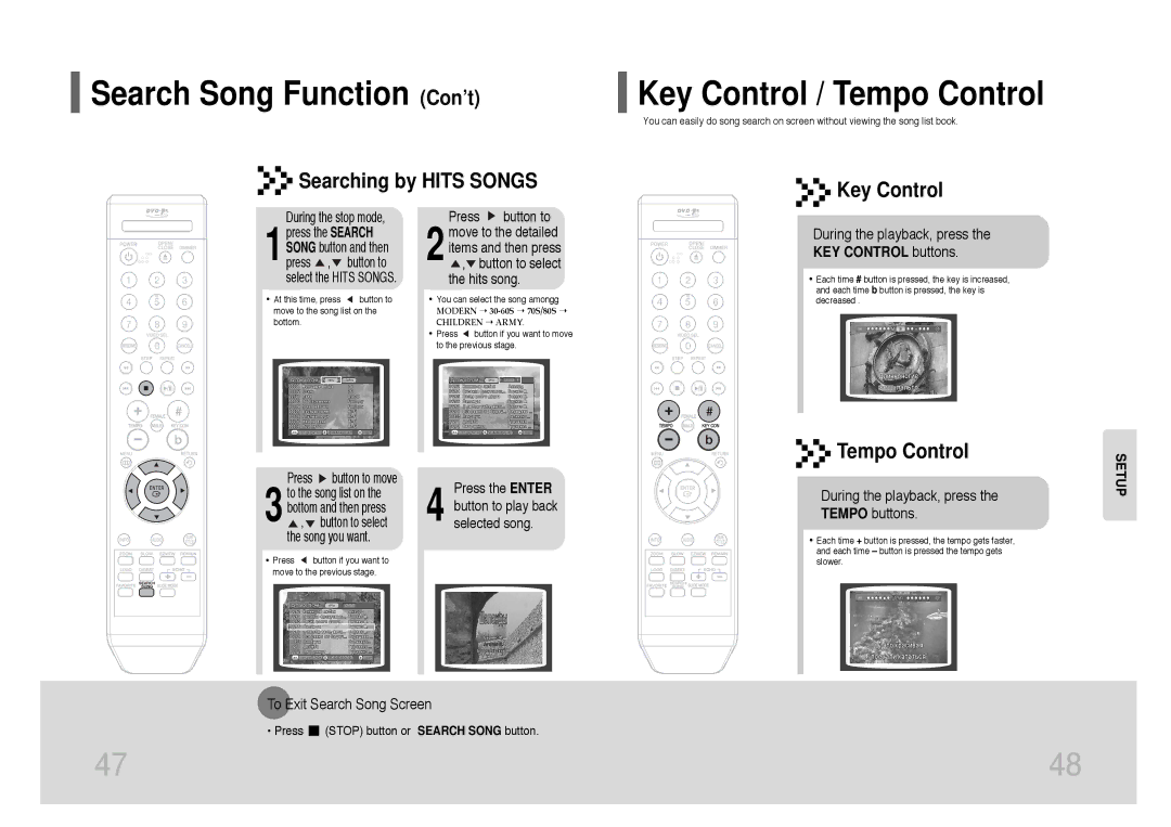 Samsung DVD-K105/XFU, DVD-K115/XFU manual Key Control / Tempo Control, Searching by Hits Songs 