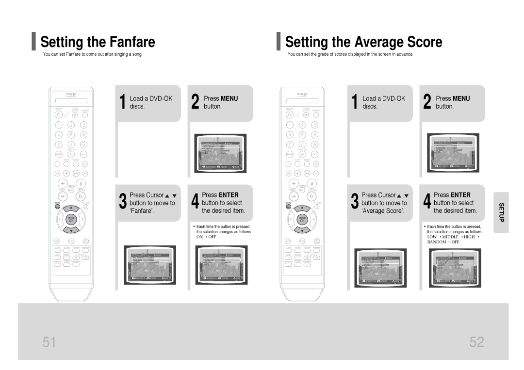 Samsung DVD-K105/XFU Setting the Fanfare, Setting the Average Score, You can set Fanfare to come out after singing a song 