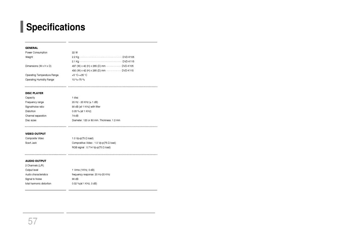 Samsung DVD-K115/XFU, DVD-K105/XFU manual Specifications, General 