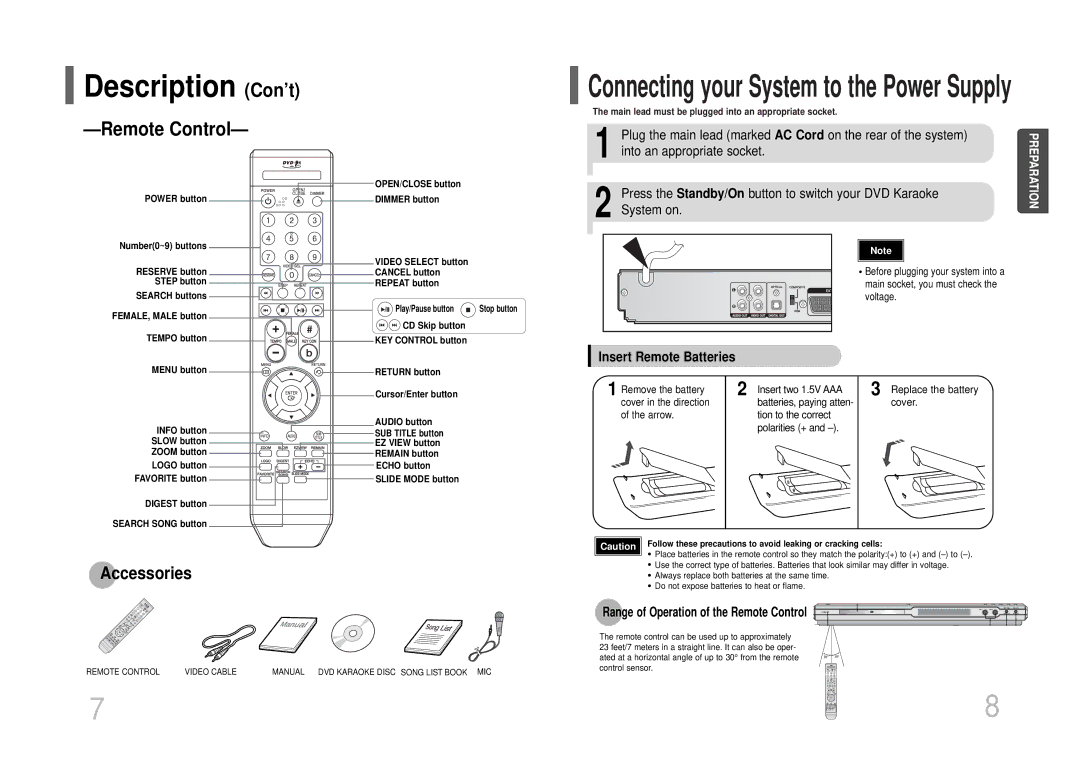 Samsung DVD-K105/XFU manual Description Con’t, Remote Control, Plug the main lead marked AC Cord on the rear of the system 