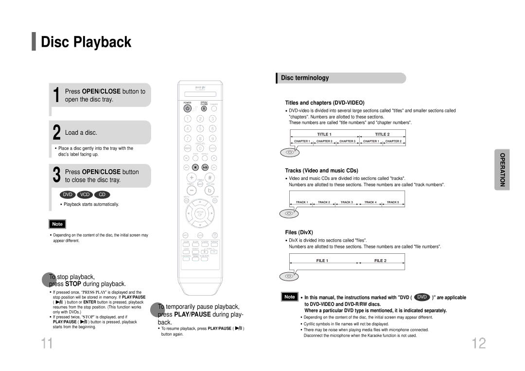 Samsung DVD-K105/XFU manual Disc Playback, Press OPEN/CLOSE button to open the disc tray Load a disc, Disc terminology 