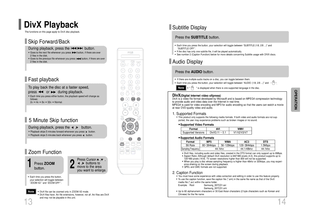 Samsung DVD-K115/XFU, DVD-K105/XFU manual DivX Playback 