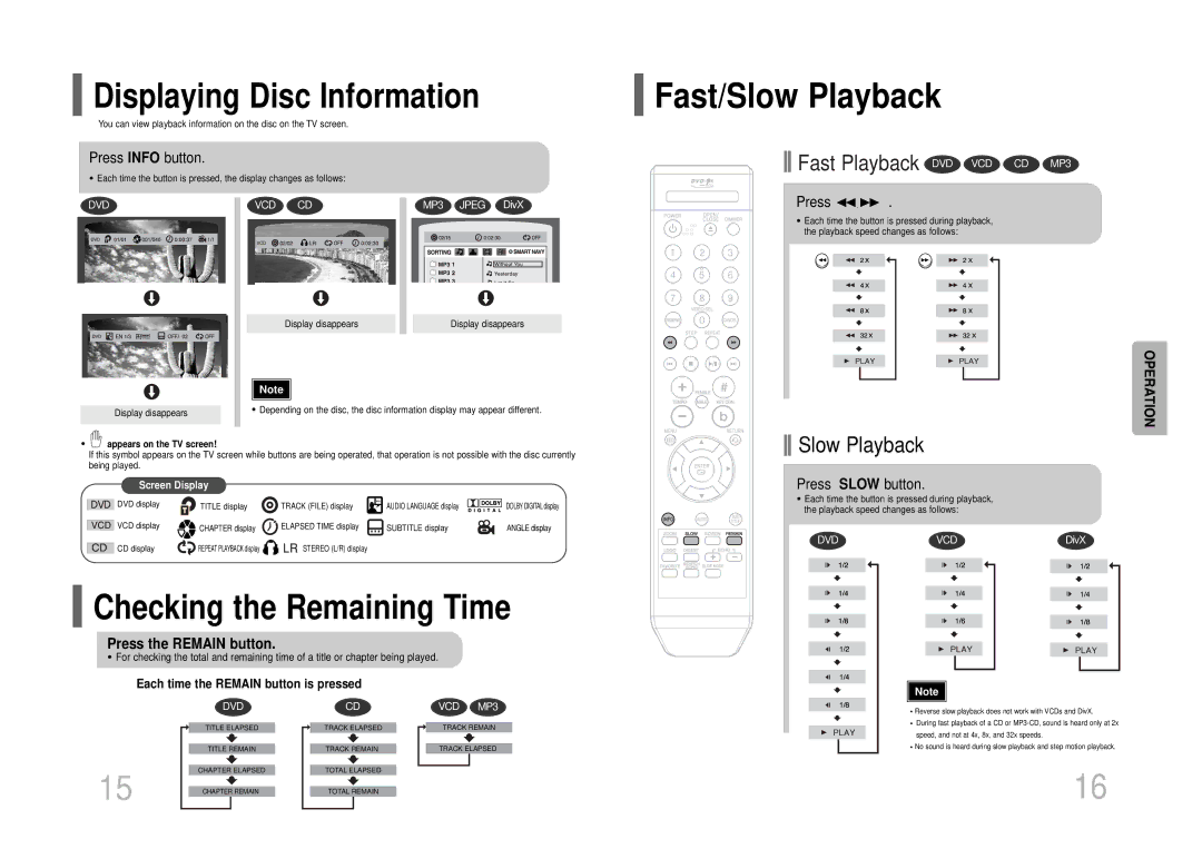 Samsung DVD-K105/XFU Fast/Slow Playback, Displaying Disc Information, Checking the Remaining Time, Press the Remain button 