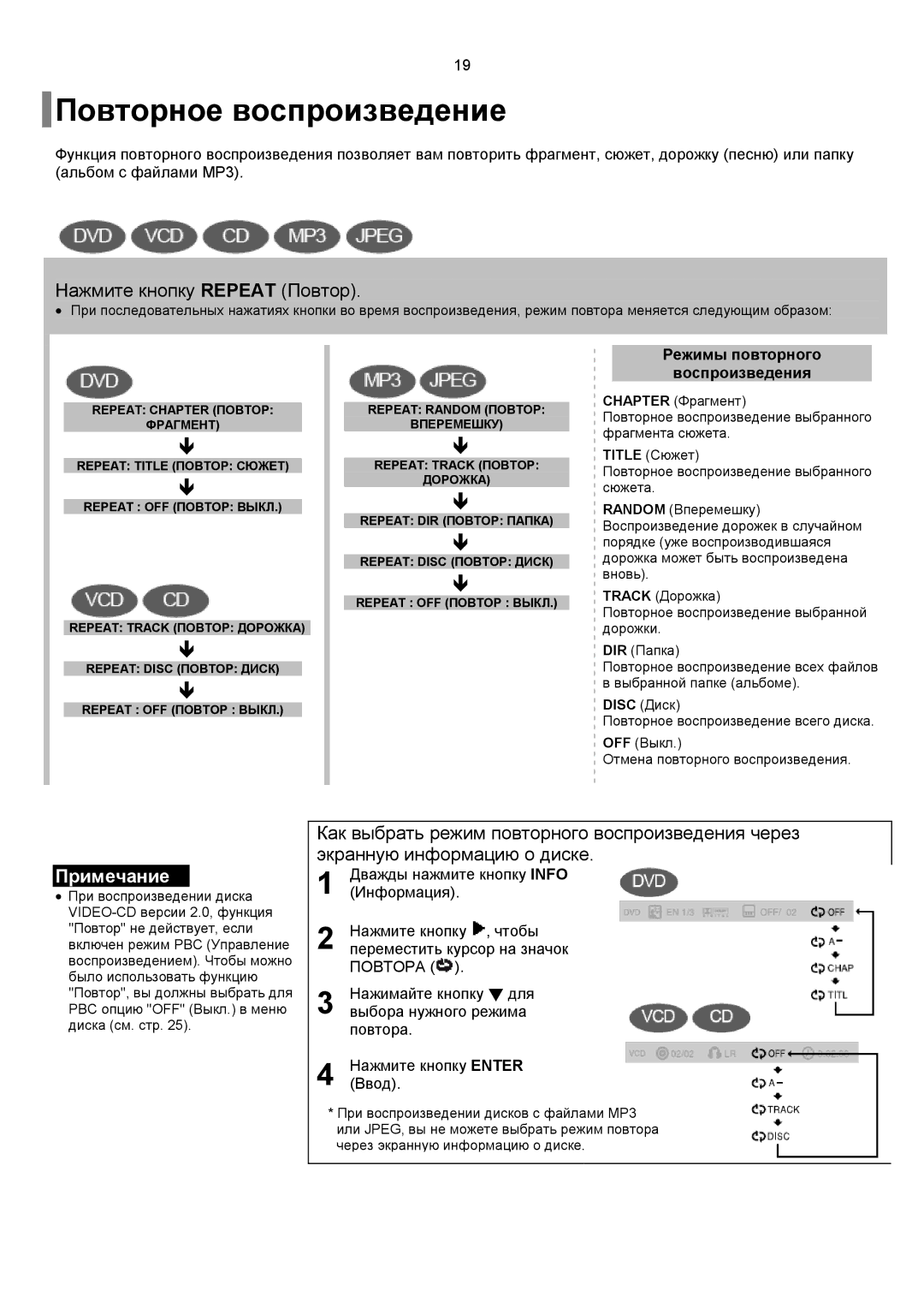 Samsung DVD-K150/XFU, DVD-K150/XFO manual Повторное воспроизведение, Нажмите кнопку Repeat Повтор 