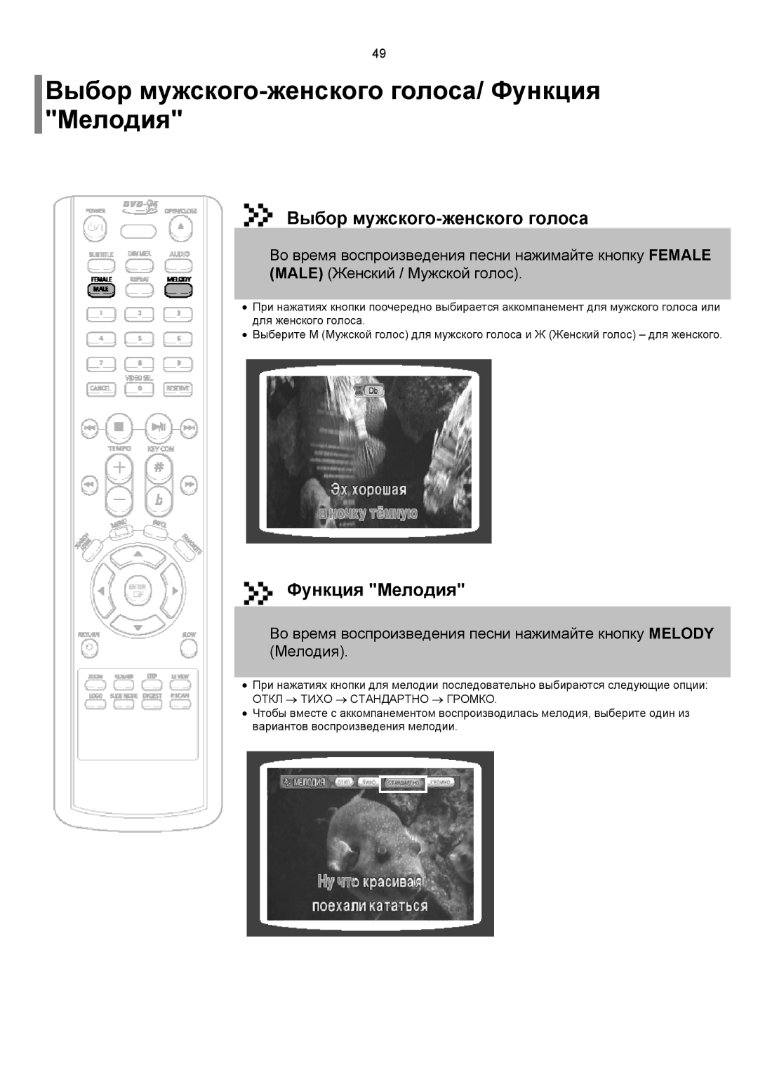 Samsung DVD-K150/XFU, DVD-K150/XFO manual Выбор мужского-женского голоса/ Функция Мелодия 