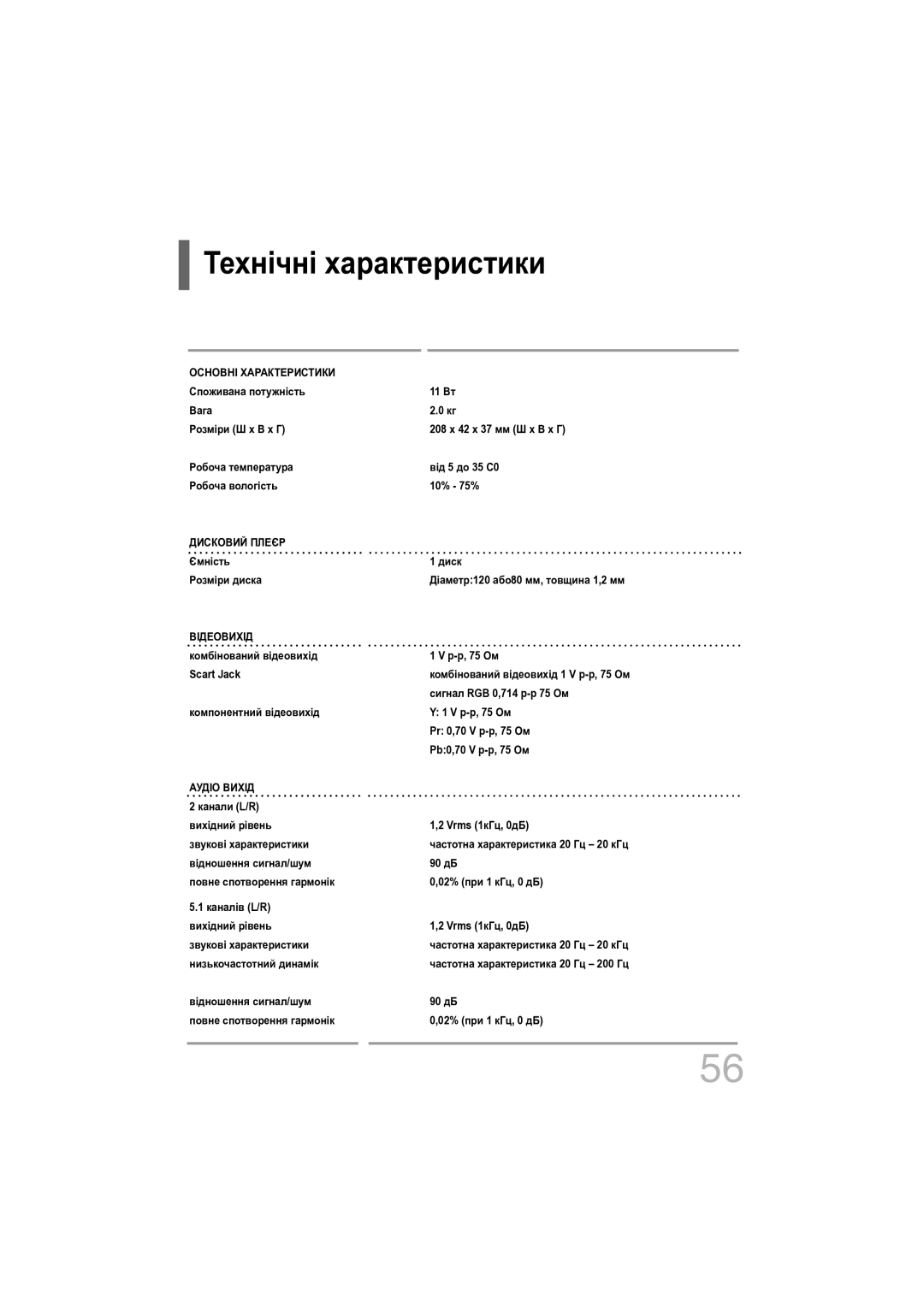 Samsung DVD-K320/NWT manual Технічні характеристики 