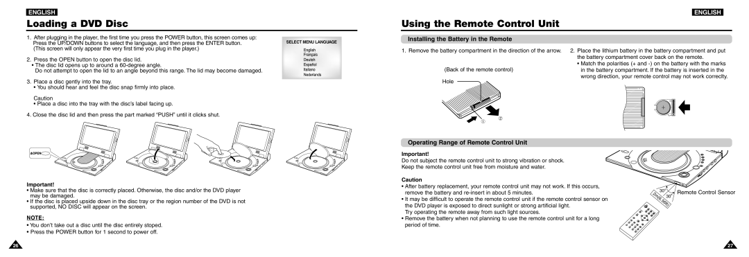 Samsung DVD-L100W manual Loading a DVD Disc Using the Remote Control Unit, Installing the Battery in the Remote 