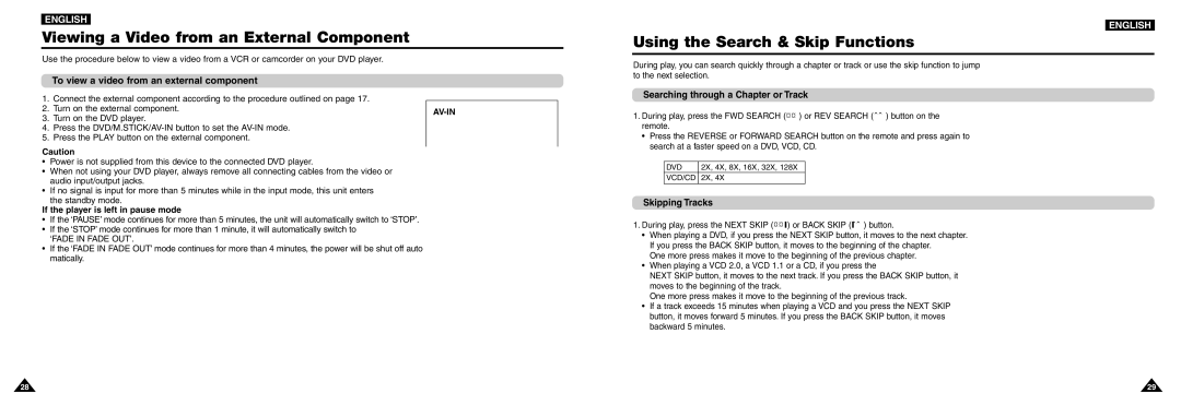 Samsung DVD-L100W manual Viewing a Video from an External Component, Using the Search & Skip Functions, Skipping Tracks 