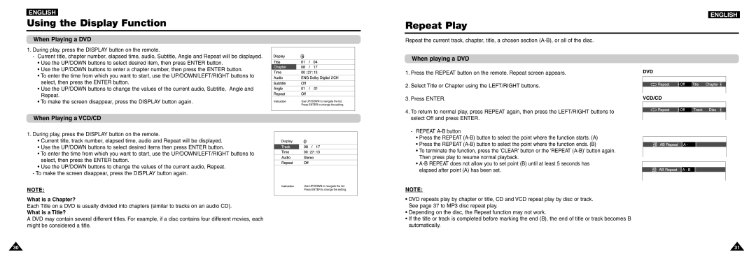 Samsung DVD-L100W manual Using the Display Function, Repeat Play, When Playing a DVD, When Playing a VCD/CD 