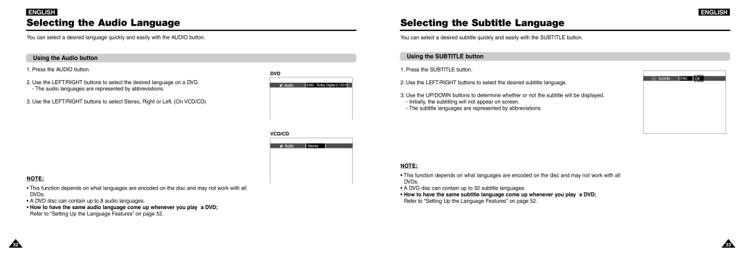 Samsung DVD-L100W manual Selecting the Audio Language, Selecting the Subtitle Language, Using the Audio button 