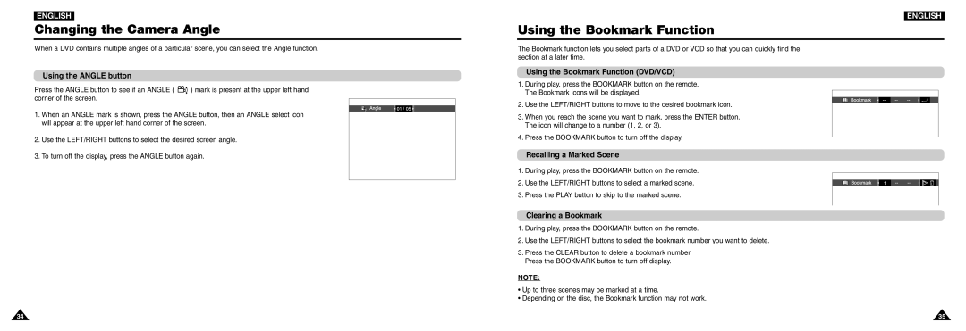 Samsung DVD-L100W manual Changing the Camera Angle, Using the Bookmark Function 