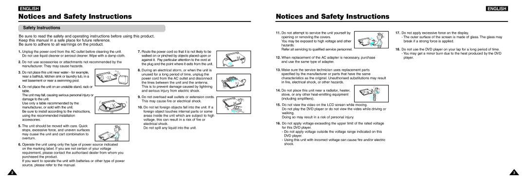 Samsung DVD-L100W manual Safety Instructions, Break if a strong force is applied 