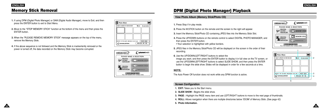 Samsung DVD-L100W manual Memory Stick Removal, DPM Digital Photo Manager Playback, View Photo Album Memory Stick/Photo CD 