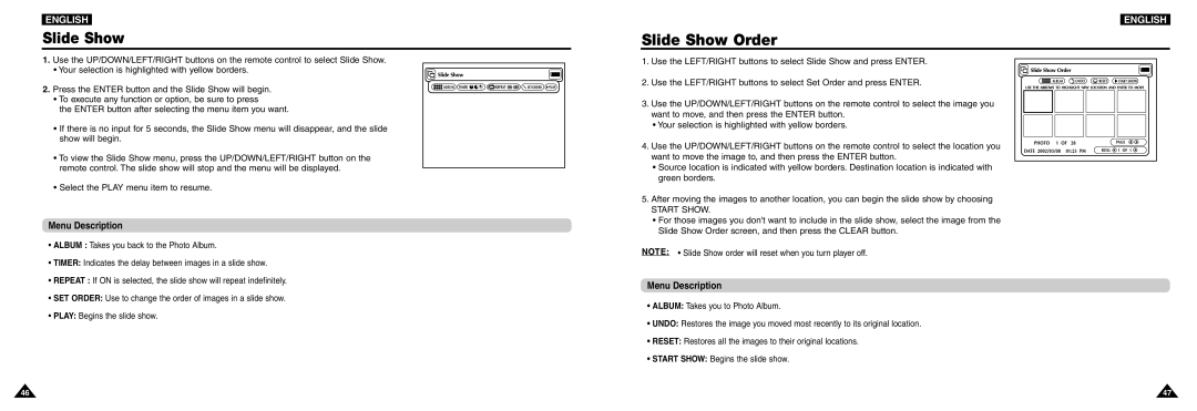 Samsung DVD-L100W manual Slide Show Order, Menu Description 