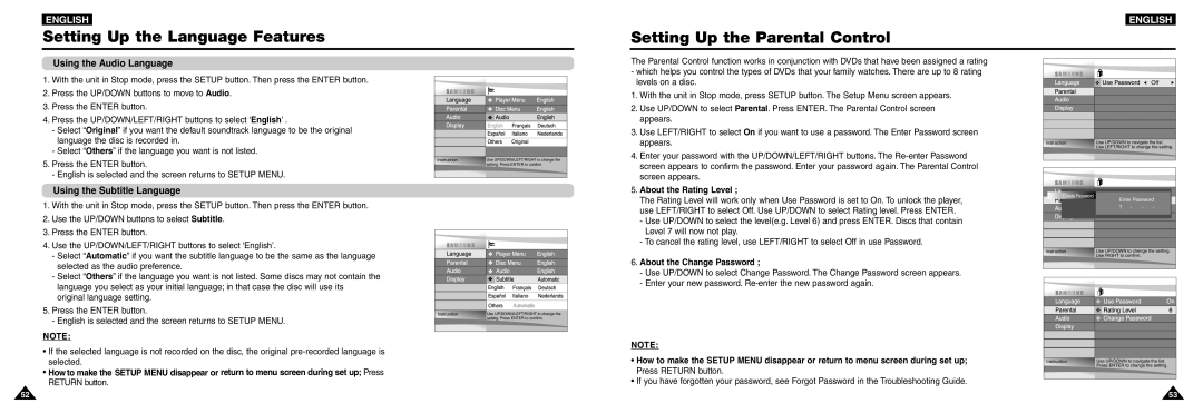 Samsung DVD-L100W manual Setting Up the Parental Control, Using the Audio Language, Using the Subtitle Language 