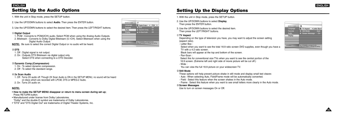 Samsung DVD-L100W manual Setting Up the Audio Options, Setting Up the Display Options 