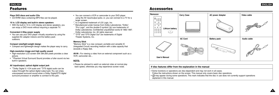 Samsung DVD-L100W Features, Accessories, If disc features differ from the explanation in the manual 