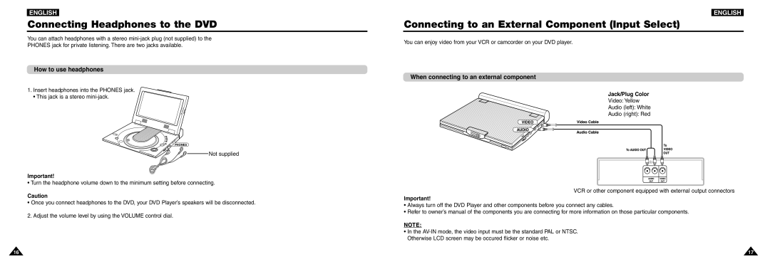 Samsung DVD-L100W Connecting Headphones to the DVD, Connecting to an External Component Input Select, Jack/Plug Color 