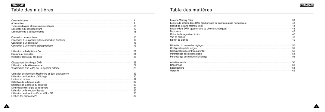 Samsung DVD-L100W manual Table des matières 