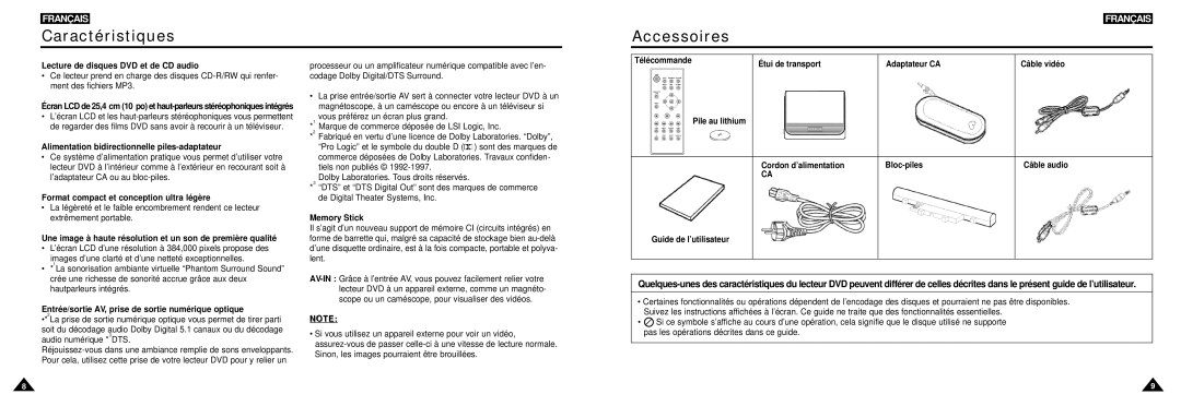 Samsung DVD-L100W manual Caractéristiques 