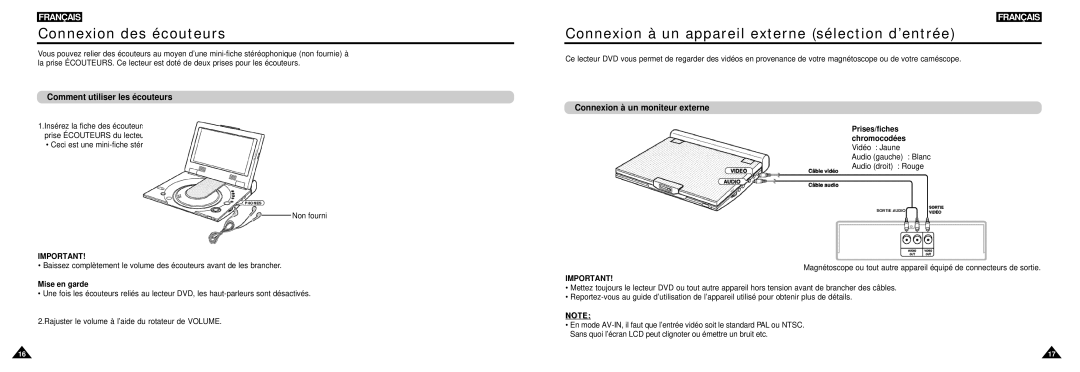 Samsung DVD-L100W Connexion des écouteurs, Connexion à un appareil externe sélection d’entrée, Prises/fiches Chromocodées 