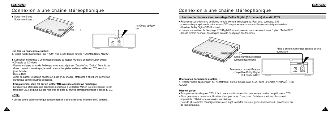 Samsung DVD-L100W manual Connexion á une chaîne stéréophonique, Une fois les connexions établies 