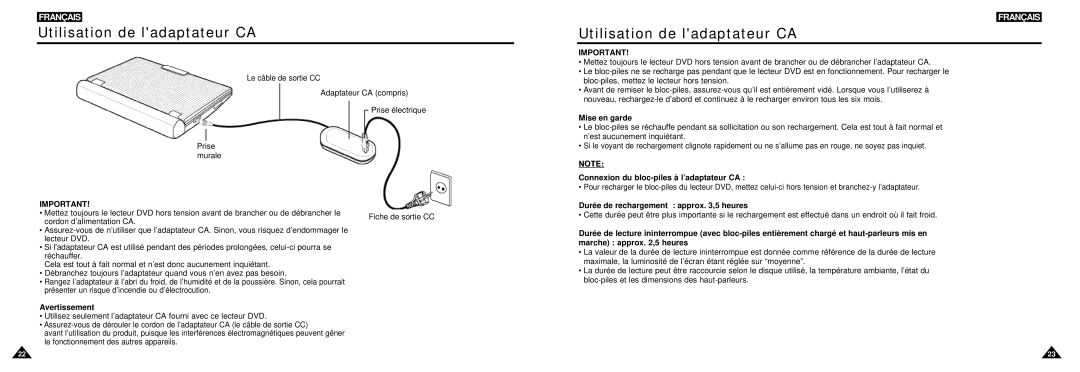 Samsung DVD-L100W manual Utilisation de ladaptateur CA, Avertissement, Connexion du bloc-piles à l’adaptateur CA 