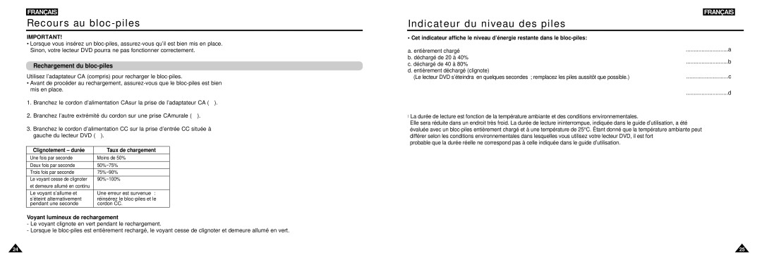 Samsung DVD-L100W Recours au bloc-piles, Indicateur du niveau des piles, Rechargement du bloc-piles, Clignotement durée 