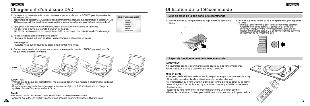 Samsung DVD-L100W Chargement d’un disque DVD, Utilisation de la télécommande, Rayon de fonctionnement de la télécommande 