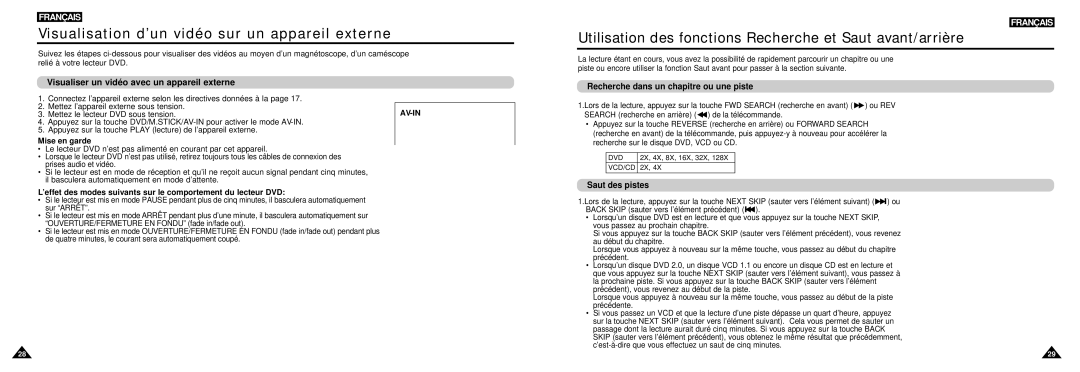 Samsung DVD-L100W manual Visualisation d’un vidéo sur un appareil externe, Visualiser un vidéo avec un appareil externe 