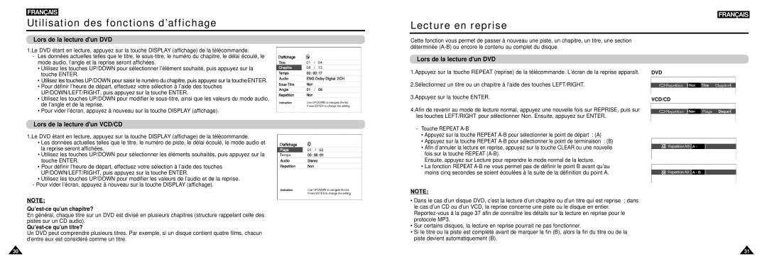 Samsung DVD-L100W manual Utilisation des fonctions d’affichage, Lecture en reprise, Lors de la lecture dun DVD 