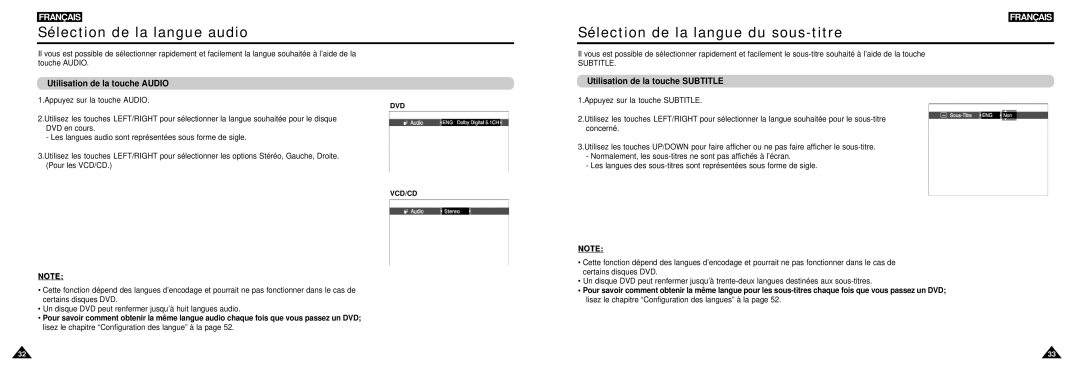 Samsung DVD-L100W manual Sélection de la langue audio, Sélection de la langue du sous-titre, Utilisation de la touche Audio 