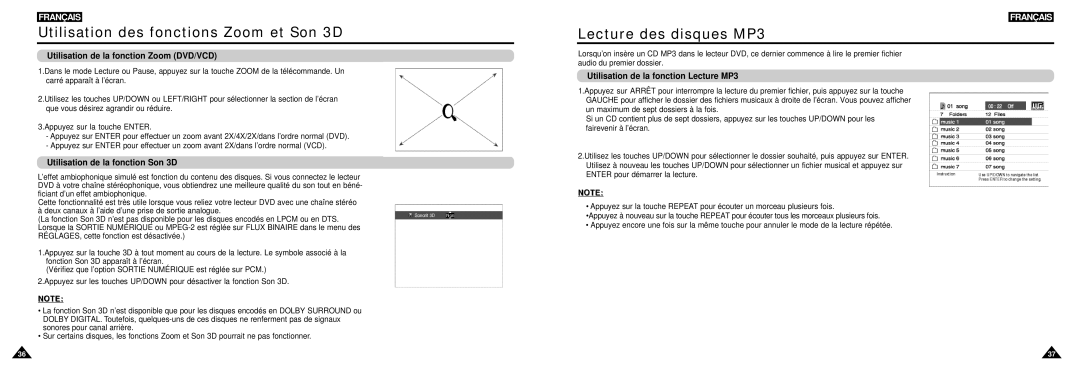 Samsung DVD-L100W Utilisation des fonctions Zoom et Son 3D, Lecture des disques MP3, Utilisation de la fonction Son 3D 