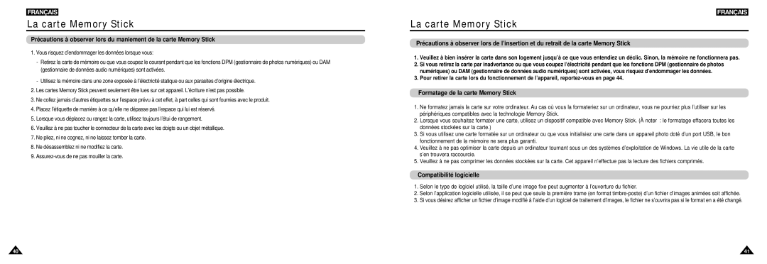 Samsung DVD-L100W manual Formatage de la carte Memory Stick, Compatibilité logicielle 