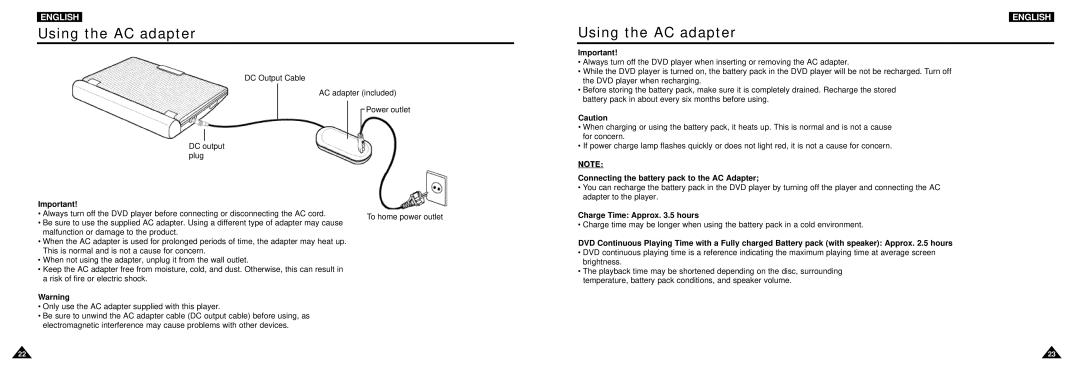 Samsung DVD-L100W manual Using the AC adapter, Connecting the battery pack to the AC Adapter, Charge Time Approx .5 hours 