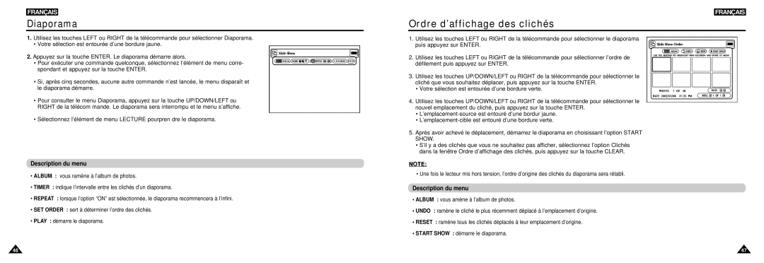 Samsung DVD-L100W manual Diaporama, Ordre d’affichage des clichés, Description du menu 