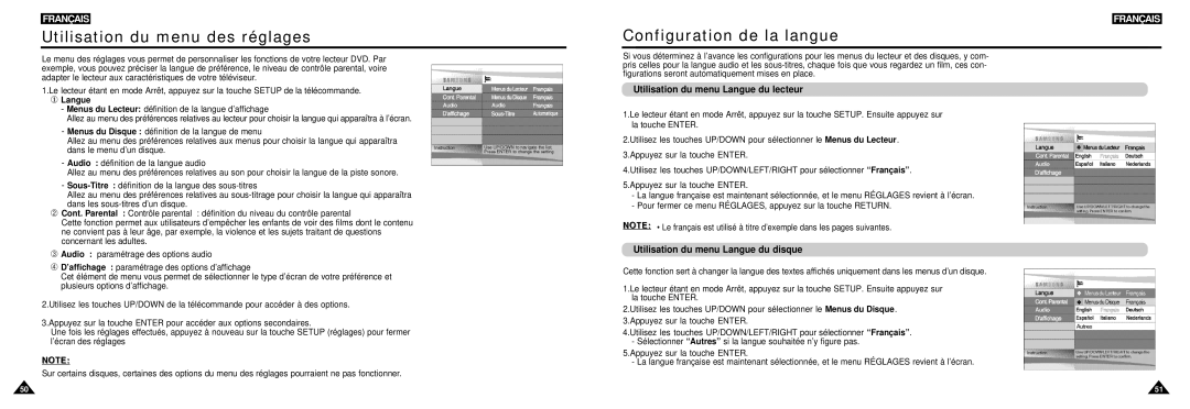 Samsung DVD-L100W Utilisation du menu des réglages, Configuration de la langue, Utilisation du menu Langue du lecteur 