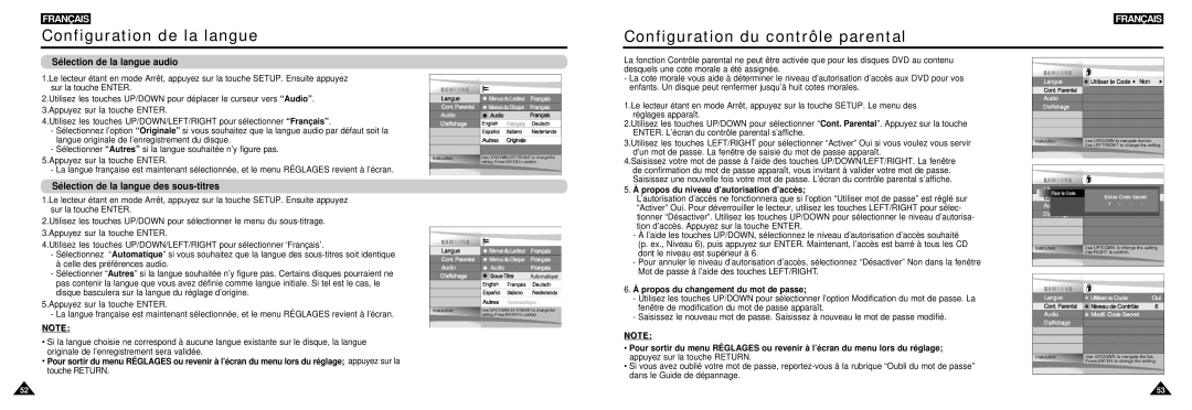 Samsung DVD-L100W Configuration du contrôle parental, Sélection de la langue audio, Sélection de la langue des sous-titres 