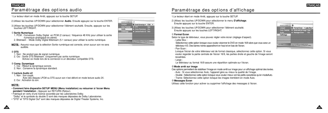 Samsung DVD-L100W manual Paramétrage des options audio, Paramétrage des options d’affichage 