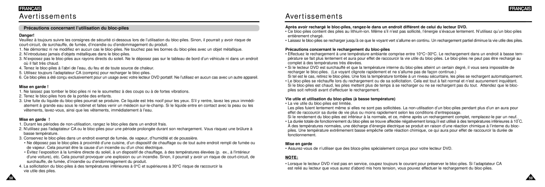 Samsung DVD-L100W Précautions concernant l’utilisation du bloc-piles, Précautions concernant le rechargement du bloc-piles 